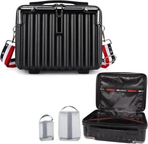 Makeup Travel Case, Hard Shell Cosmetic Case Organizer, Portable Cosmetic Bag, Mini Makeup Luggage with Shoulder Strap, ABS Surface, Zipper, Large Capacity, Black