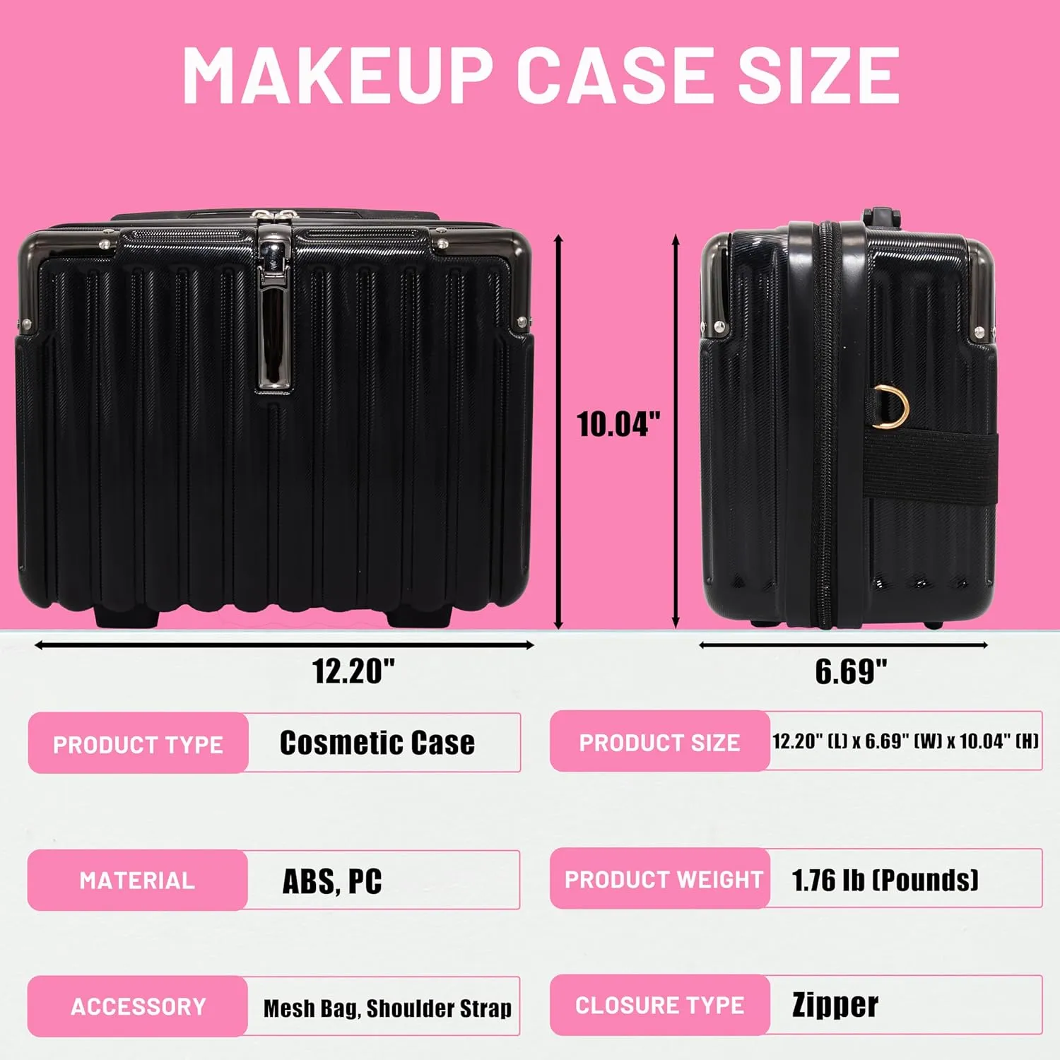 Makeup Travel Case, Hard Shell Cosmetic Case Organizer, Portable Cosmetic Bag, Mini Makeup Luggage with Shoulder Strap, ABS Surface, Zipper, Large Capacity, Black
