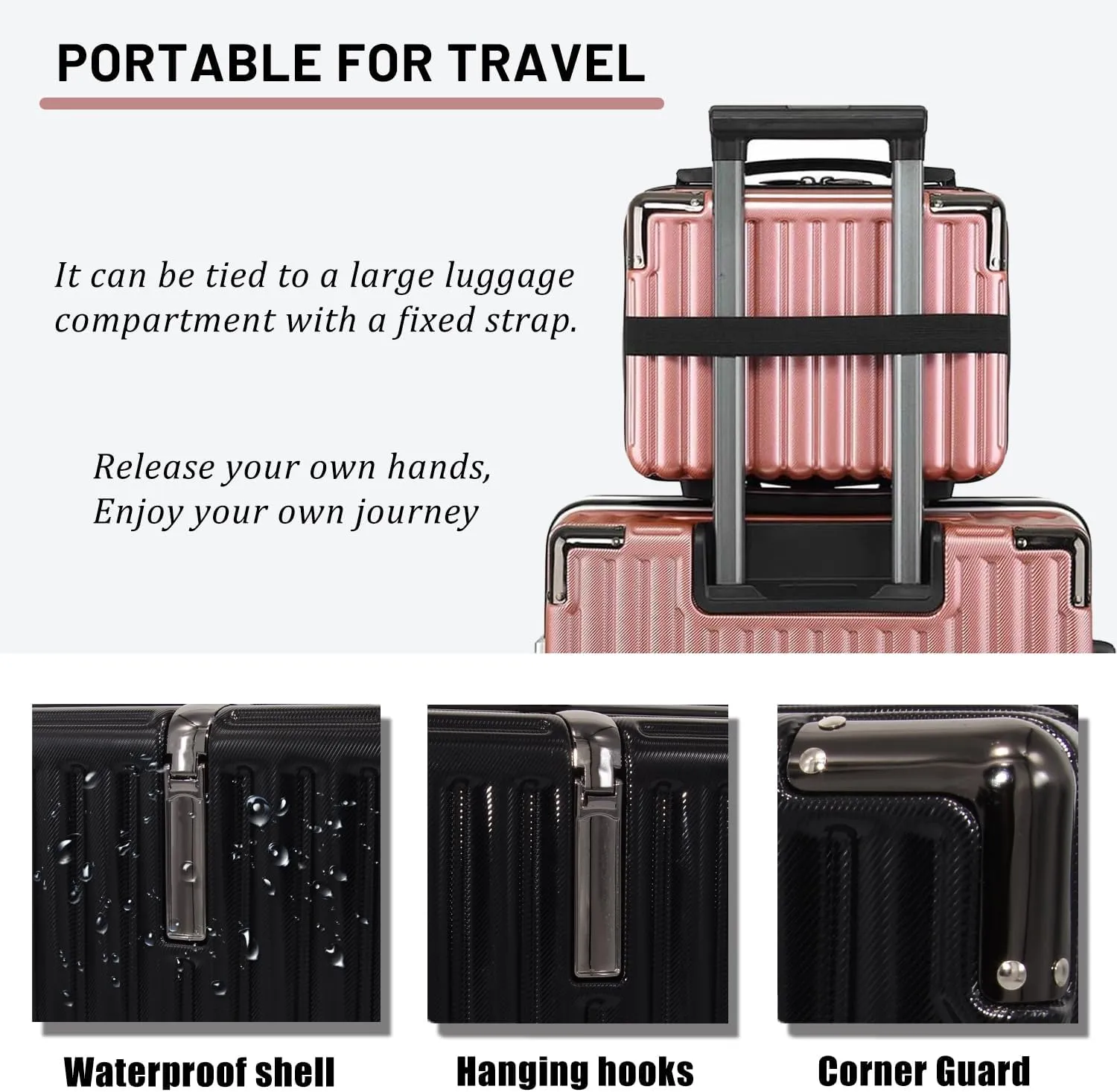 Makeup Travel Case, Hard Shell Cosmetic Case Organizer, Portable Cosmetic Bag, Mini Makeup Luggage with Shoulder Strap, ABS Surface, Zipper, Large Capacity, Black