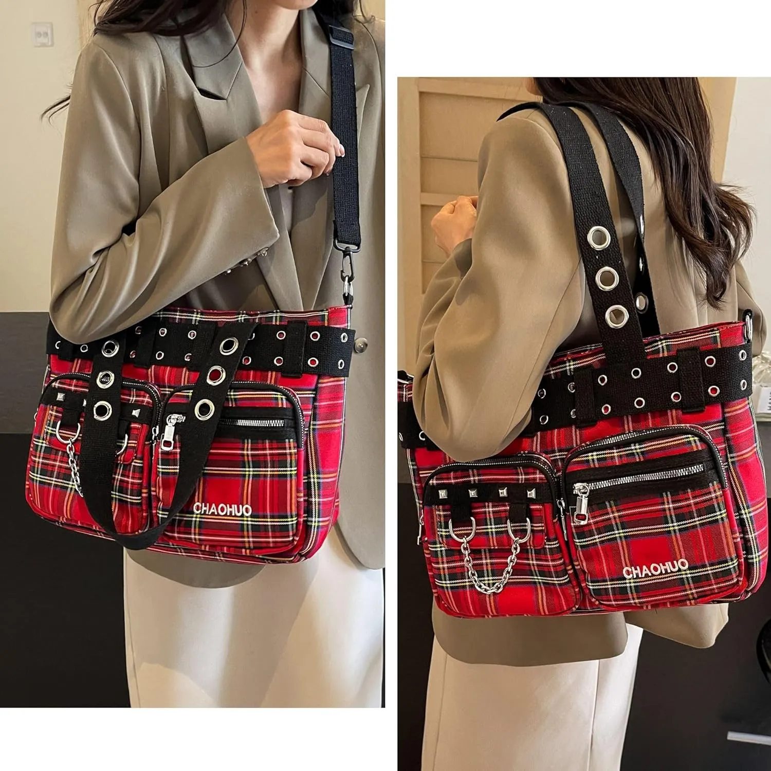 Makukke Y2K Tote Bag for Women Canvas Shoulder Bag Large Gothic Bag Skull Handbag for Work Office Travel