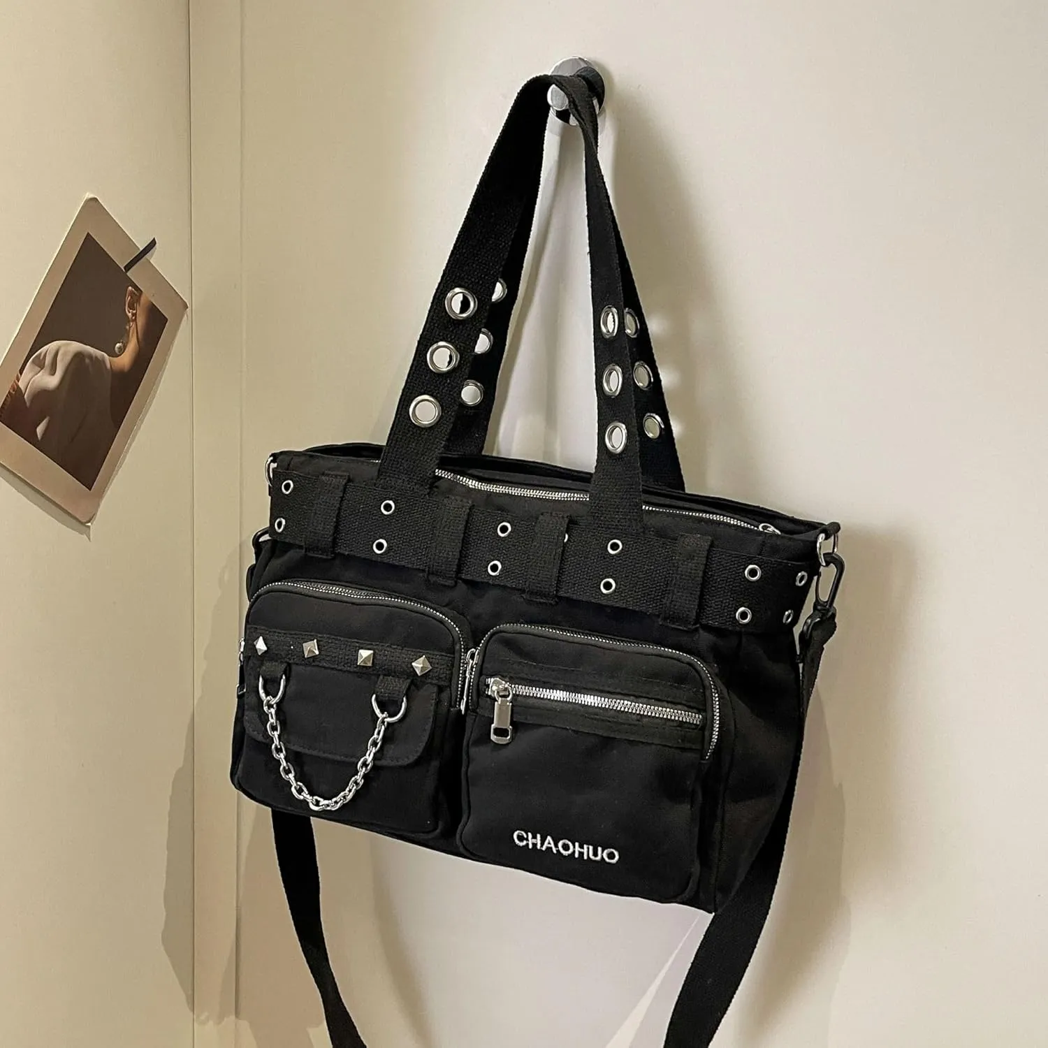 Makukke Y2K Tote Bag for Women Canvas Shoulder Bag Large Gothic Bag Skull Handbag for Work Office Travel