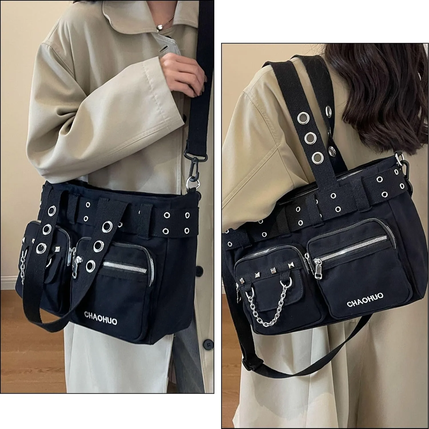 Makukke Y2K Tote Bag for Women Canvas Shoulder Bag Large Gothic Bag Skull Handbag for Work Office Travel