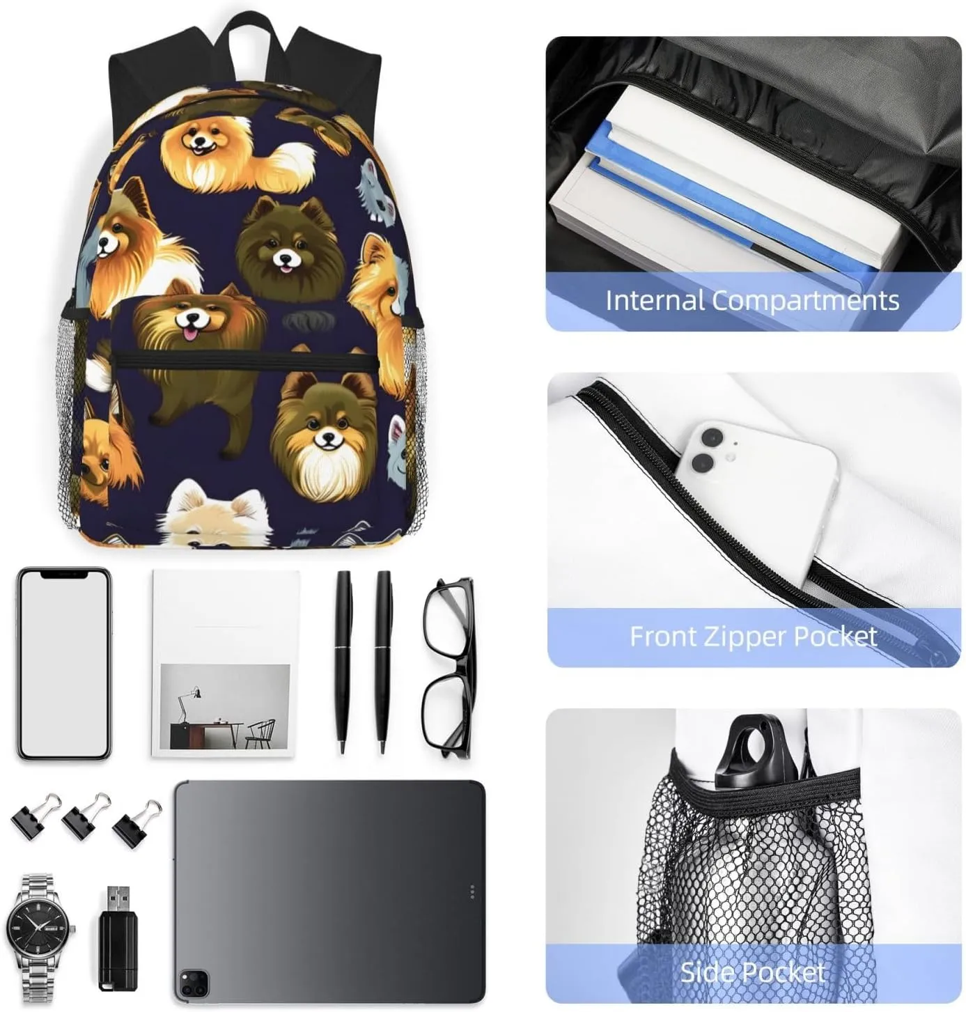 Many Pomeranians Pattern Print Comfortable Backpack,Your Essential Casual Travel Bag For Outdoor Adventures