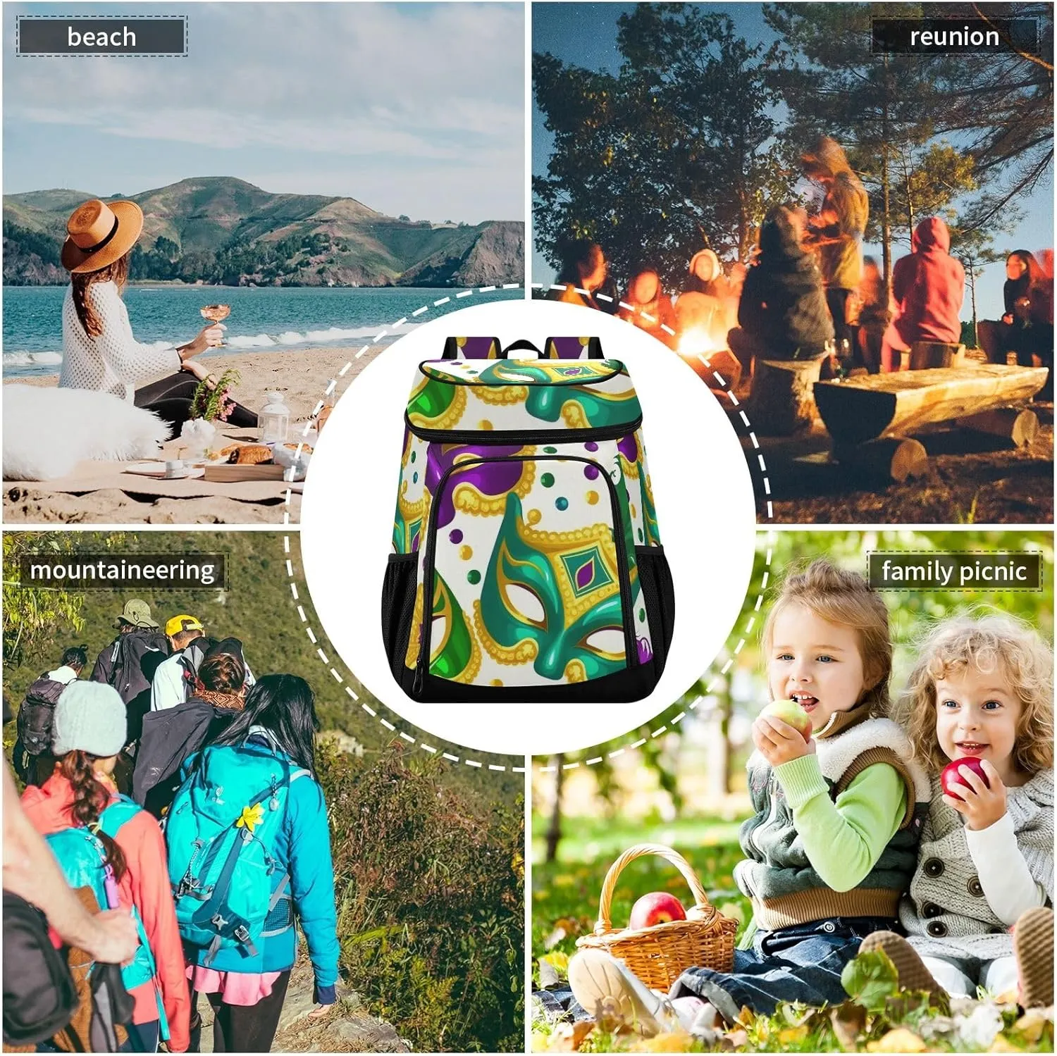 Mardi Gras Pattern 36 Cans Cooler and Backpack Lightweight Beach Cooler Backpack Lunch Box for Men