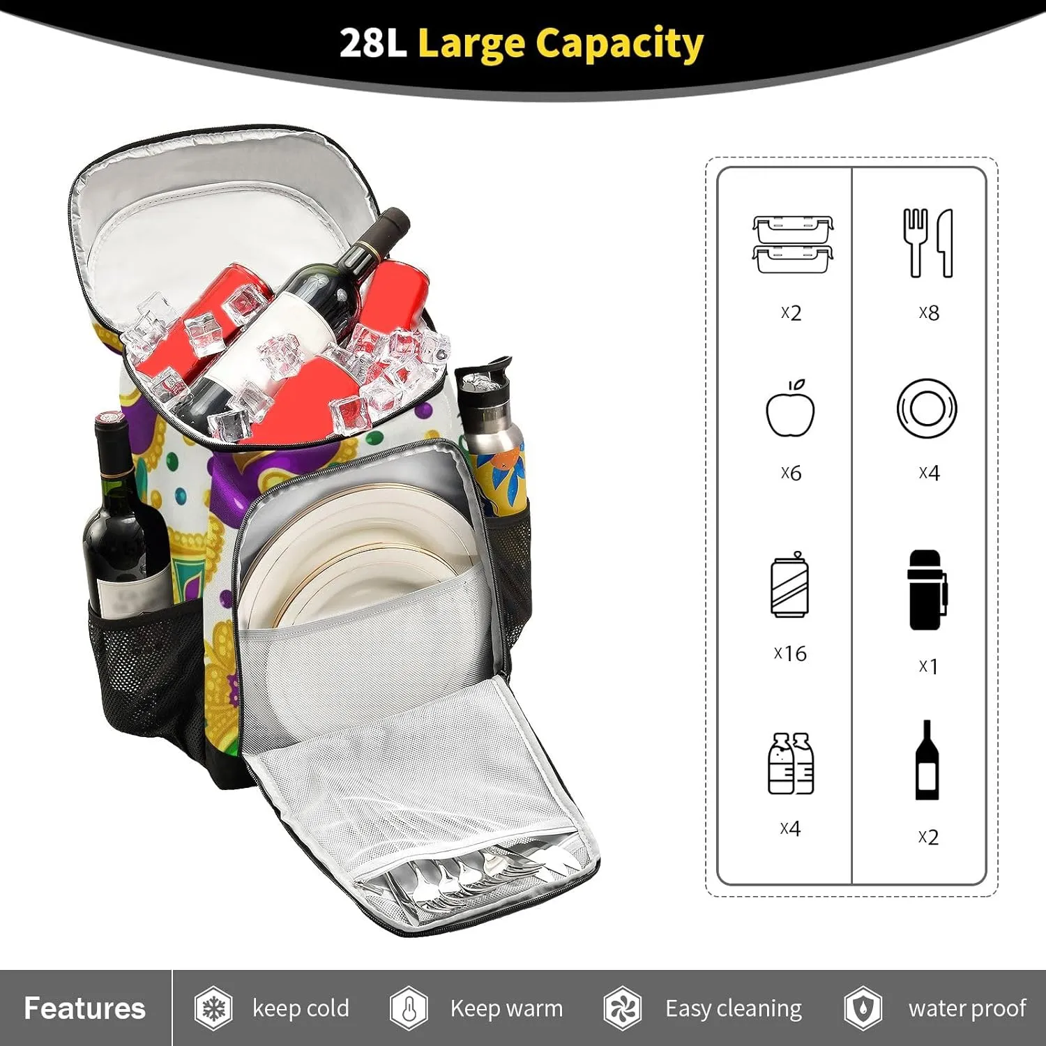 Mardi Gras Pattern 36 Cans Cooler and Backpack Lightweight Beach Cooler Backpack Lunch Box for Men