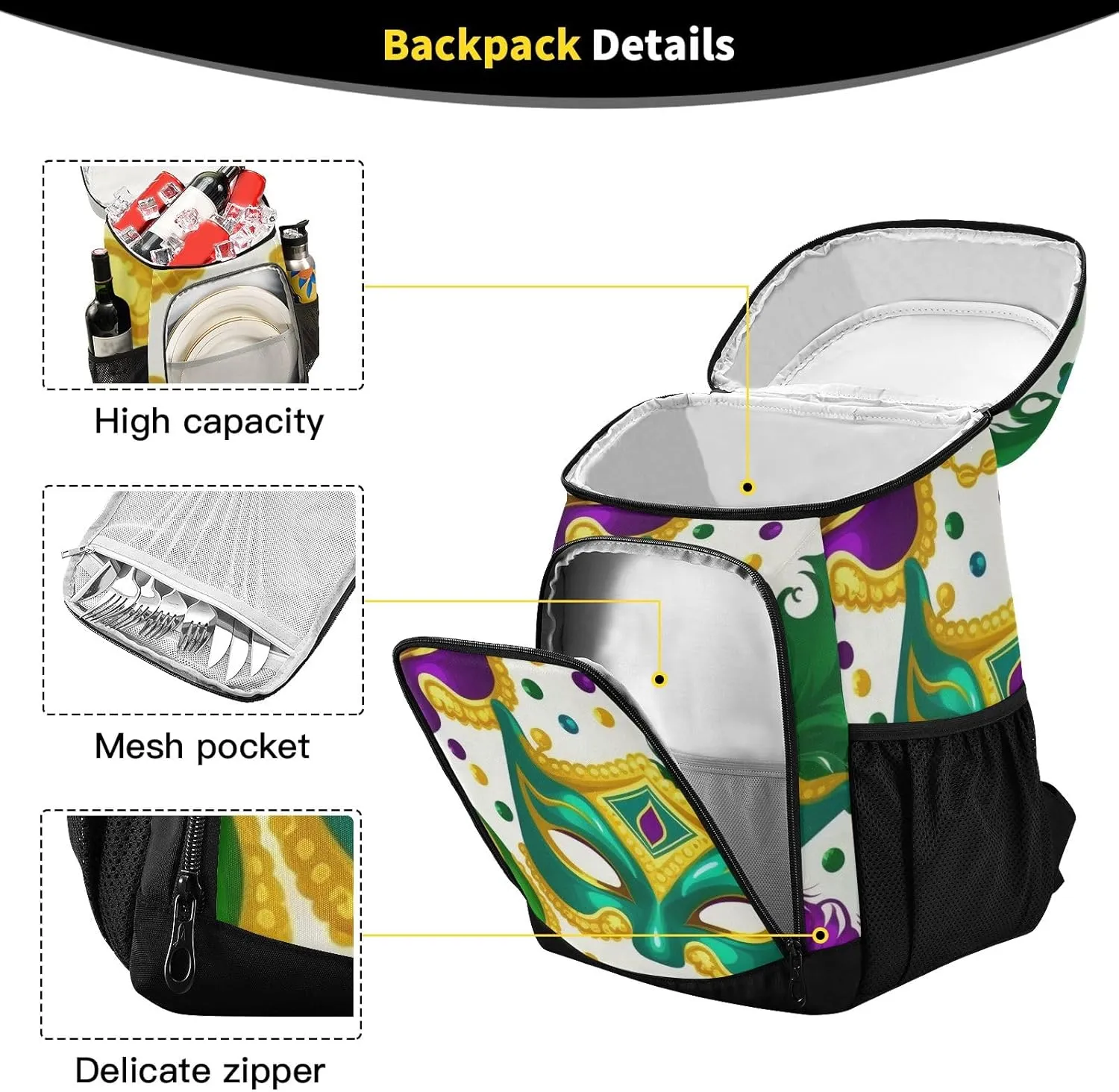 Mardi Gras Pattern 36 Cans Cooler and Backpack Lightweight Beach Cooler Backpack Lunch Box for Men