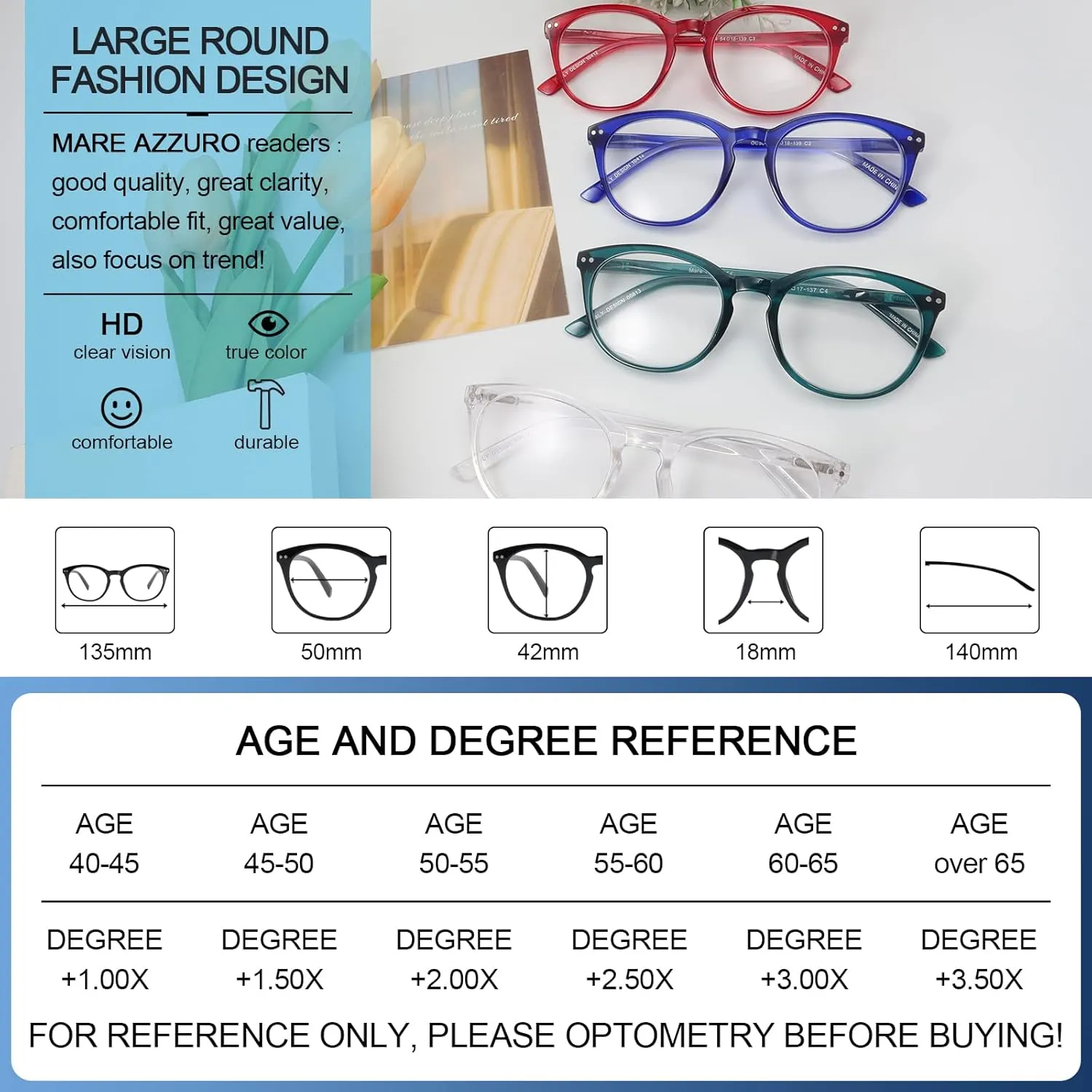 MARE AZZURO Reading Glasses Women Round Reader 0 1.0 1.25 1.5 1.75 2.0 2.25 2.5 2.75 3.0 3.5 4.0 5.0 6.0 (Green 100)