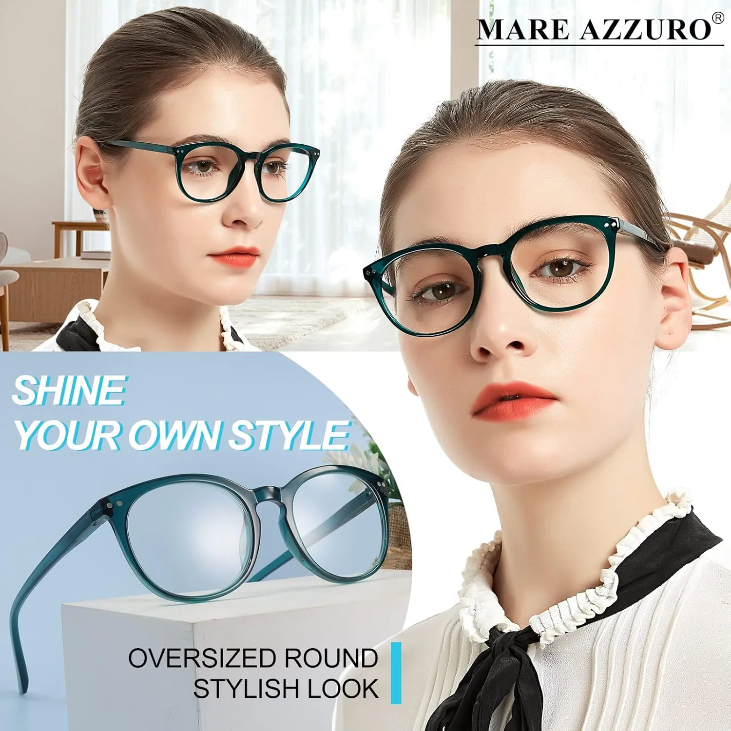 MARE AZZURO Reading Glasses Women Round Reader 0 1.0 1.25 1.5 1.75 2.0 2.25 2.5 2.75 3.0 3.5 4.0 5.0 6.0 (Green 100)