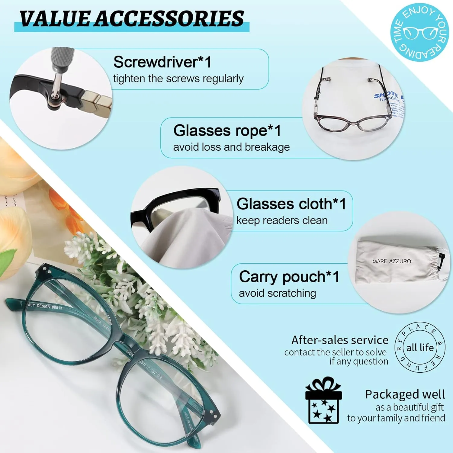 MARE AZZURO Reading Glasses Women Round Reader 0 1.0 1.25 1.5 1.75 2.0 2.25 2.5 2.75 3.0 3.5 4.0 5.0 6.0 (Green 100)