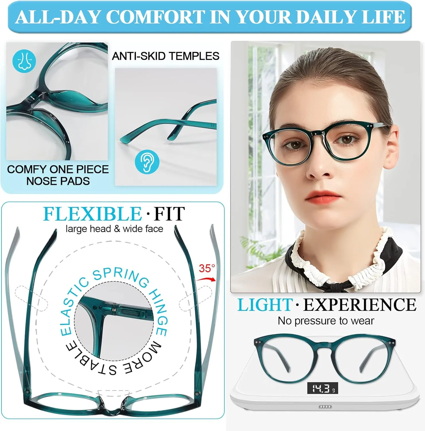 MARE AZZURO Reading Glasses Women Round Reader 0 1.0 1.25 1.5 1.75 2.0 2.25 2.5 2.75 3.0 3.5 4.0 5.0 6.0 (Green 100)