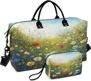 Meadow in Countryside Travel Duffel Bags Carry on Weekender Overnight Bag Large for Airplane with Toiletry Bag for Men Women