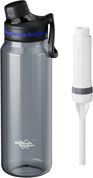 Membrane Solutions C3 Filtered Water Bottle, 36oz BPA-Free Bottle with Replaceable ACF Filter Cartridge, Portable Water Filter, Travel, Hiking & Camping for Clean Drinking Water Anywhere(Grey)