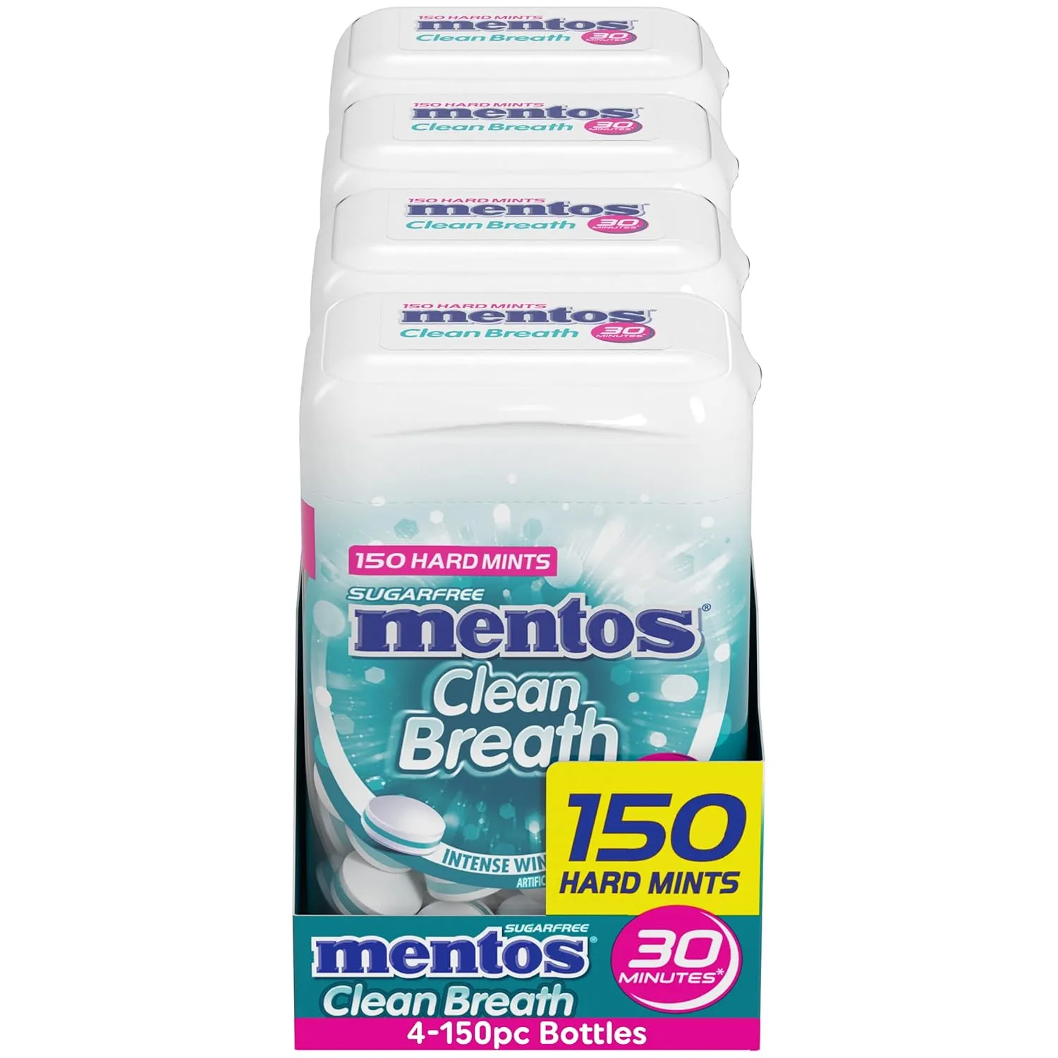 Mentos Clean Breath Sugarfree Hard Mint, 150pc, Intense Wintergreen (Pack of 4 Bottles)