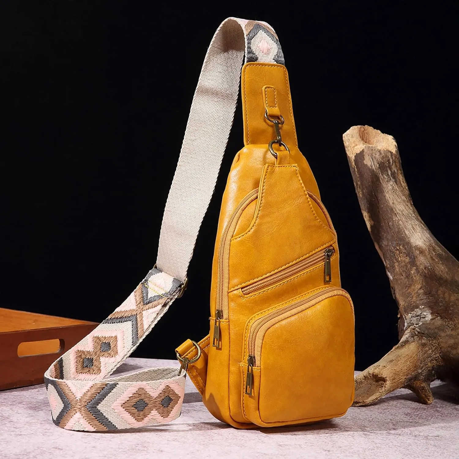 Messenger Briefcase Women Versatile Solid Color PU Ethnic Woven Strap Crossbody Bag Chest Bag