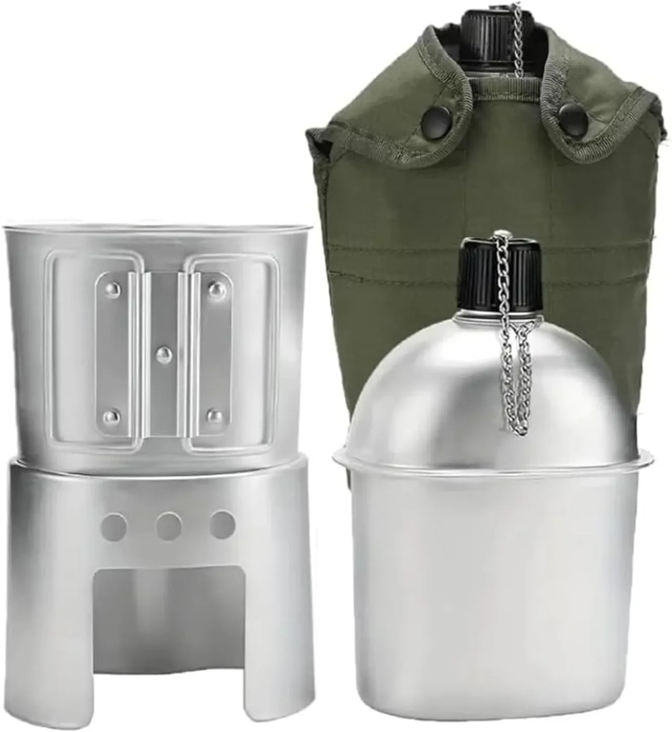 Military Canteen Set of 4, Canteen Cup Stove Pouch Kit, Aluminum Portable Tableware Suitable for Outdoor Survival, Camping, Hiking, Backpacking, Hunting, for Outdoor Lovers