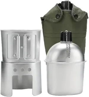 Military Canteen Set of 4, Canteen Cup Stove Pouch Kit, Aluminum Portable Tableware Suitable for Outdoor Survival, Camping, Hiking, Backpacking, Hunting, for Outdoor Lovers