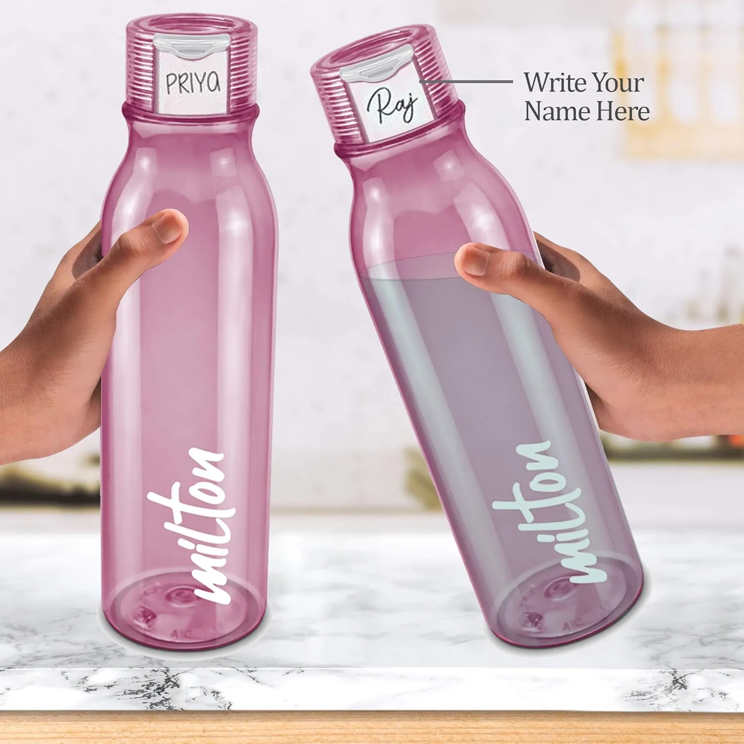 MILTON Name Tag Pet Water Bottle, Set of 4, 1 Litre Each, Burgundy, Reusable Plastic Fridge Bottle, BPA Free and Leak Proof Bottles for Travel, Work
