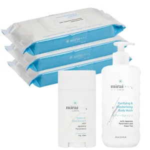 Mirai Clinical Ultimate Freshness Bundle - Wipes, Deo Stick & Body Wash (3 packs, 75g, 9.29 Fl oz) - Nonenal Body Odor Eliminator with Natural Persimmon & Green Tea Extracts for Women & Men
