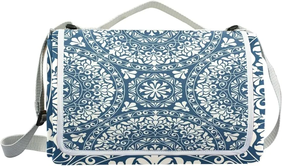 MNSRUU Picnic Blanket Waterproof Foldable, Blue Mandala with Paisley Floral Large Outdoor Picnic Blanket Beach Blankets Camping Blanket Travel Mat, Shoulder Strap Tote, Rectangle 57x59in