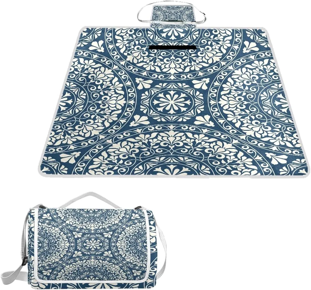 MNSRUU Picnic Blanket Waterproof Foldable, Blue Mandala with Paisley Floral Large Outdoor Picnic Blanket Beach Blankets Camping Blanket Travel Mat, Shoulder Strap Tote, Rectangle 57x59in