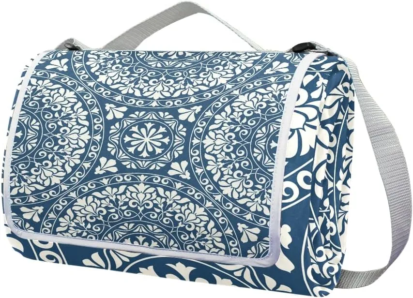 MNSRUU Picnic Blanket Waterproof Foldable, Blue Mandala with Paisley Floral Large Outdoor Picnic Blanket Beach Blankets Camping Blanket Travel Mat, Shoulder Strap Tote, Rectangle 57x59in