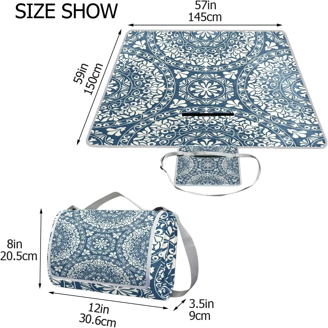 MNSRUU Picnic Blanket Waterproof Foldable, Blue Mandala with Paisley Floral Large Outdoor Picnic Blanket Beach Blankets Camping Blanket Travel Mat, Shoulder Strap Tote, Rectangle 57x59in
