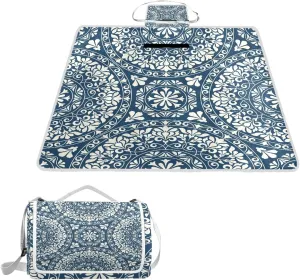 MNSRUU Picnic Blanket Waterproof Foldable, Blue Mandala with Paisley Floral Large Outdoor Picnic Blanket Beach Blankets Camping Blanket Travel Mat, Shoulder Strap Tote, Rectangle 57x59in
