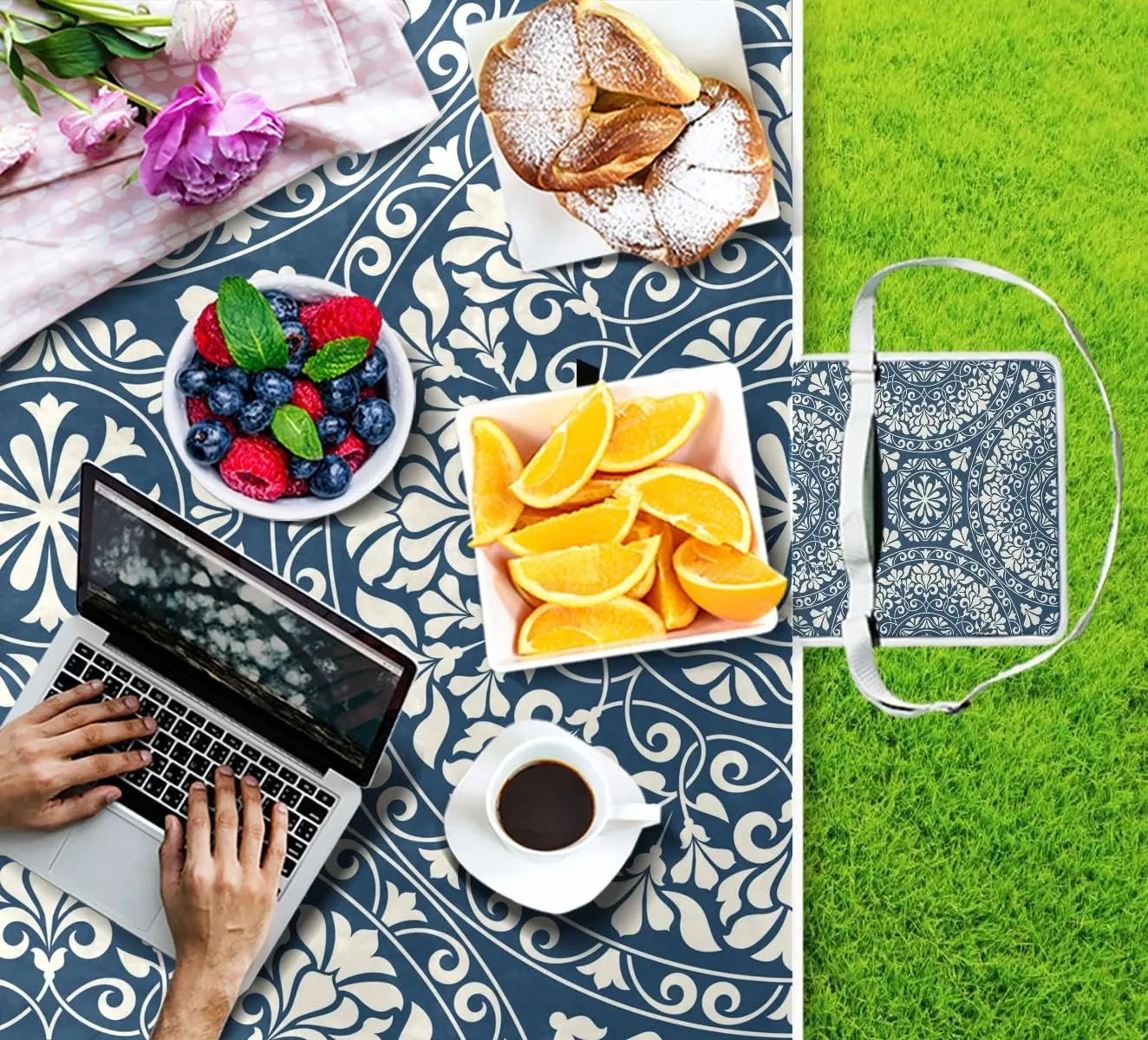 MNSRUU Picnic Blanket Waterproof Foldable, Blue Mandala with Paisley Floral Large Outdoor Picnic Blanket Beach Blankets Camping Blanket Travel Mat, Shoulder Strap Tote, Rectangle 57x59in