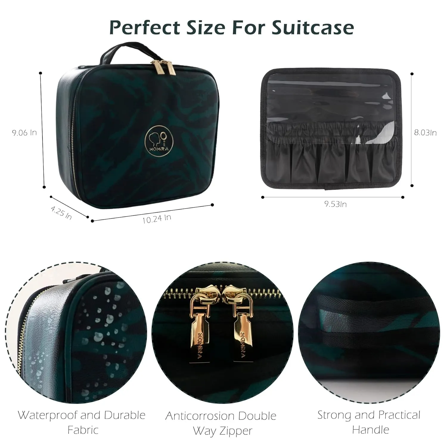 MOMIRA Travel Makeup Bag With LED Mirror,Train Case with Light up Mirror, Portable Makeup Artist Organizer Bag with Adjustable Dividers, Makeup Brush Holder Storage（Zebra Green）