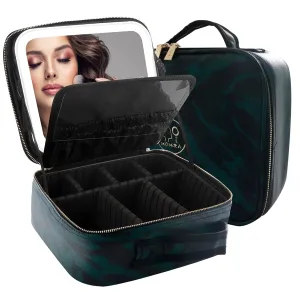 MOMIRA Travel Makeup Bag With LED Mirror,Train Case with Light up Mirror, Portable Makeup Artist Organizer Bag with Adjustable Dividers, Makeup Brush Holder Storage（Zebra Green）
