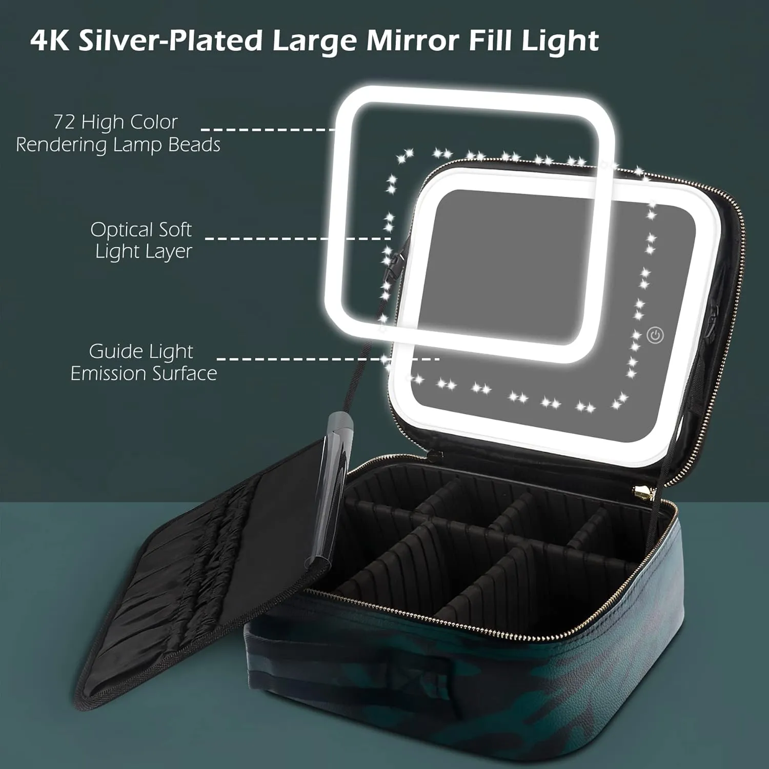 MOMIRA Travel Makeup Bag With LED Mirror,Train Case with Light up Mirror, Portable Makeup Artist Organizer Bag with Adjustable Dividers, Makeup Brush Holder Storage（Zebra Green）