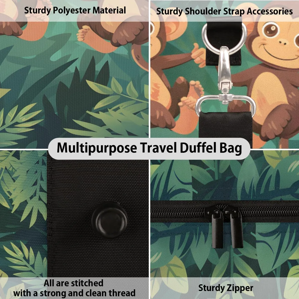 Monkey Travel Duffle Bag, Sports Gym Bags for Women Men, Carry On Weekender Overnight Bag, Forest Animal Workout Hospital Airplane Trips Bag