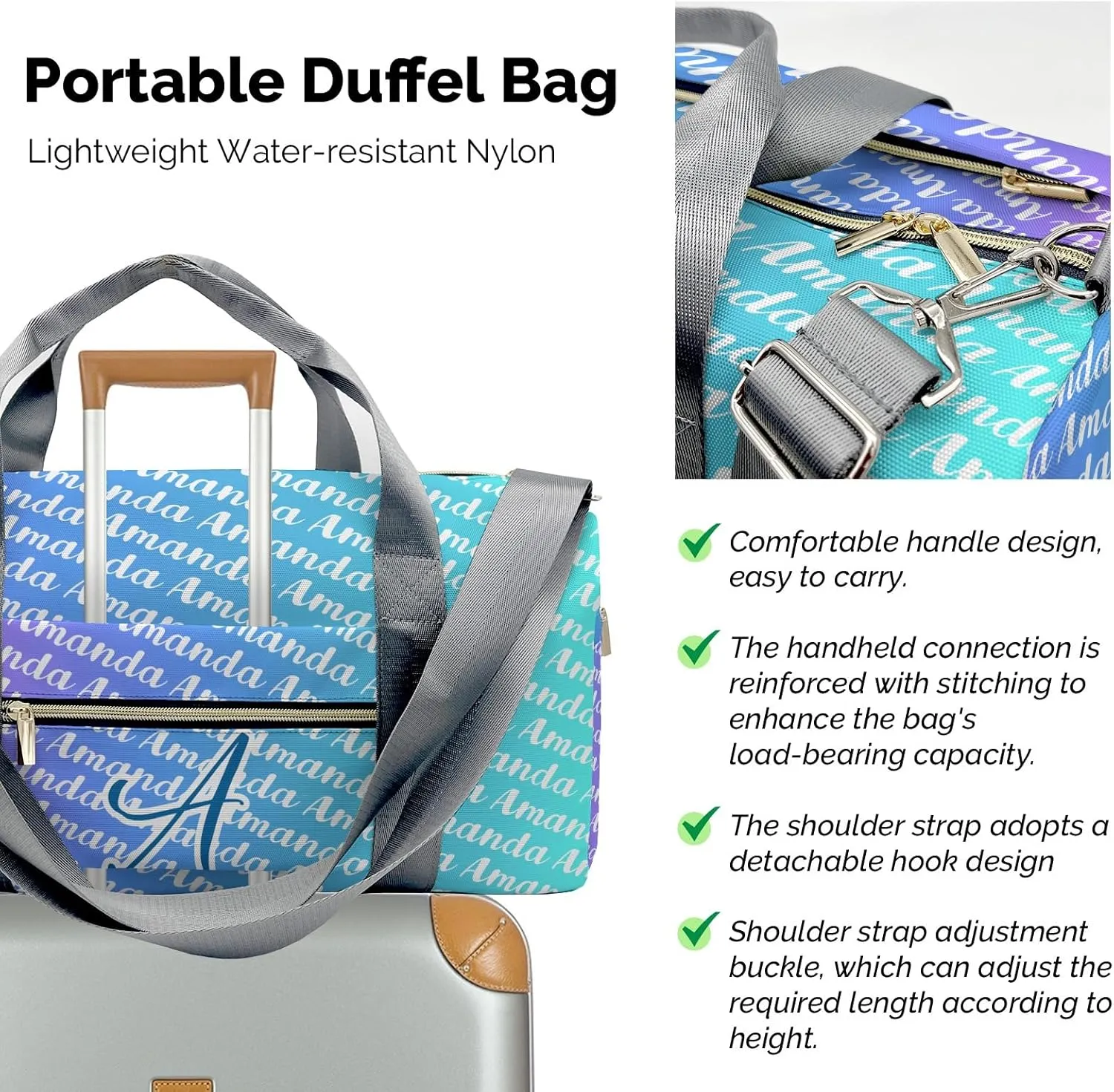 Monogram Personalized Duffel Bag with Name Custom Gym Travel Bags for Woman Sports Bag Wet Dry Pockets & Shoe Compartment Weekend Overnight Bag Gift