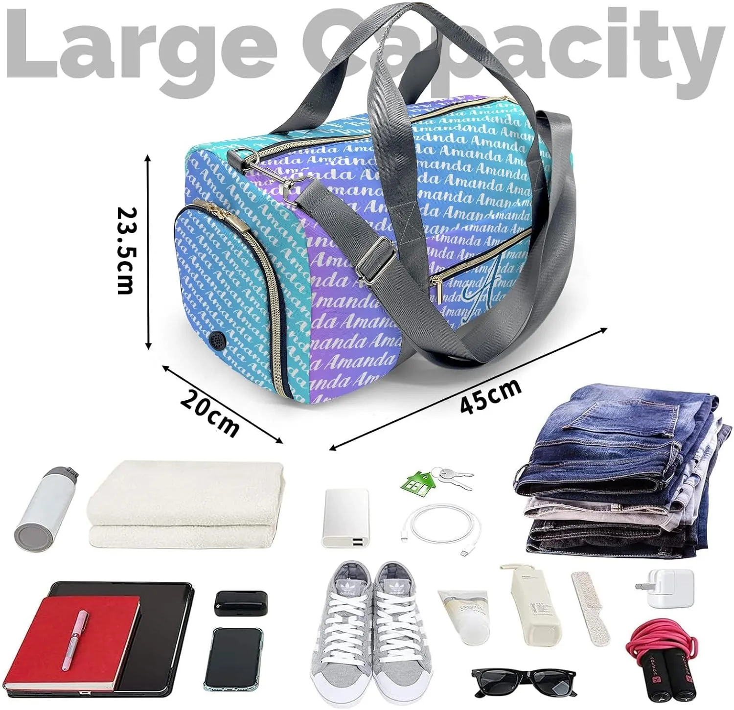 Monogram Personalized Duffel Bag with Name Custom Gym Travel Bags for Woman Sports Bag Wet Dry Pockets & Shoe Compartment Weekend Overnight Bag Gift