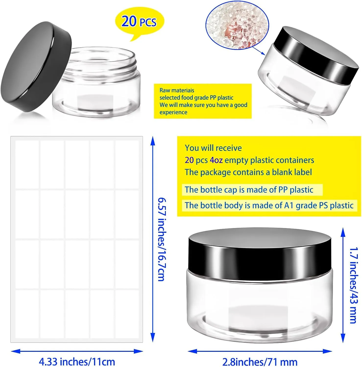 MotBach 20 Pack 4oz Plastic Jars with Lids, 120ml Round Clear Cosmetic Containers Makeup Jars,Travel Size Containers Jar for Lotion Cream Eyeshadow Samples Ointment Salve Balm Powder Travel Storage