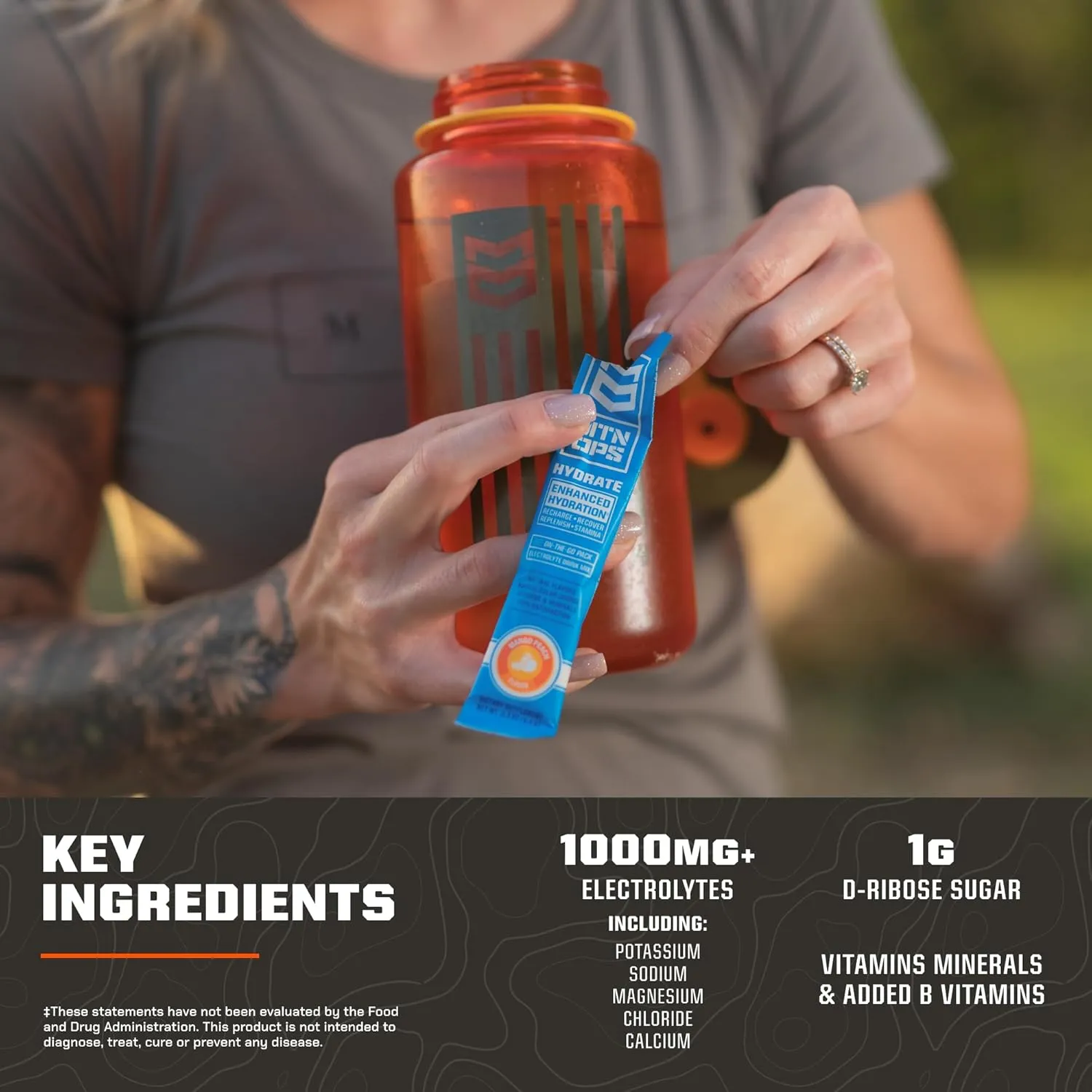 MTN OPS Hydrate Electrolytes Powder Drink Mix, 20 Single Serving On-The-Go Electrolyte Packs with Over 1000mg of Electrolytes per Serving, Mango Peach