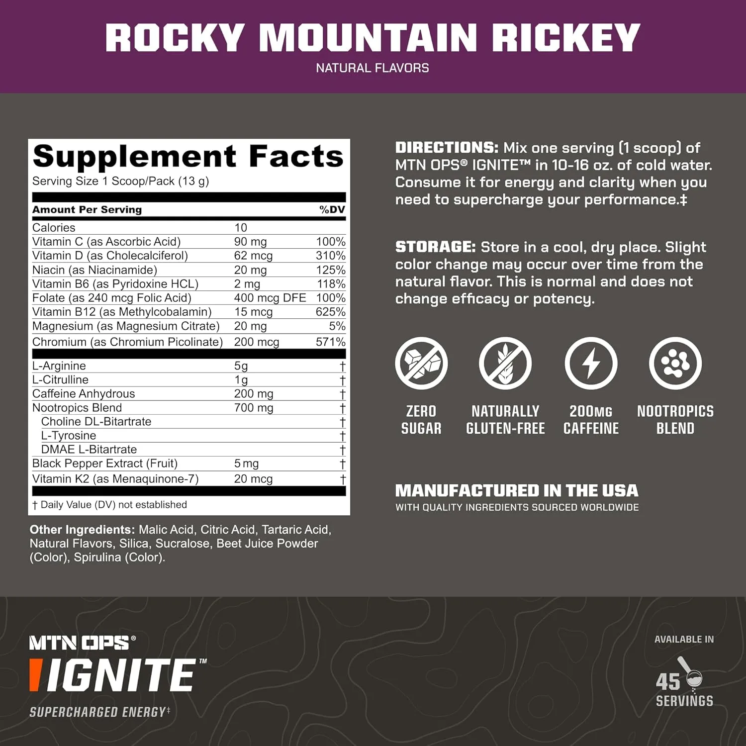 MTN OPS Ignite Energy Drink Powder, Gluten Free Nitric Oxide Supplement Drink Mix, L Arginine, L Citrulline, Caffeine & Nootropic Sugar Free Drink Mix, 45 Servings, Rocky Mountain Rickey