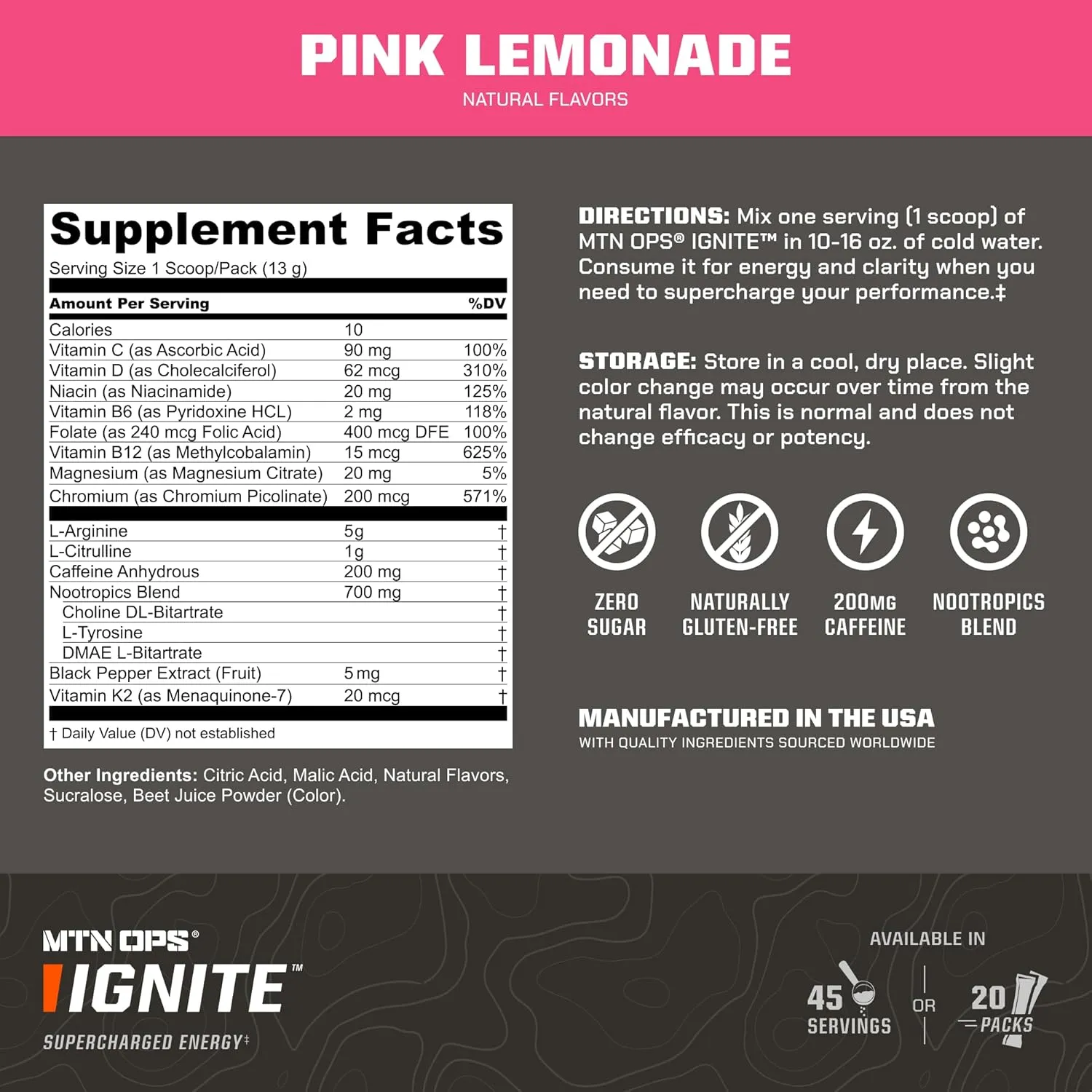 MTN OPS Ignite Trail Pack Supercharged Energy Drink Mix 20 Servings, Pink Lemonade