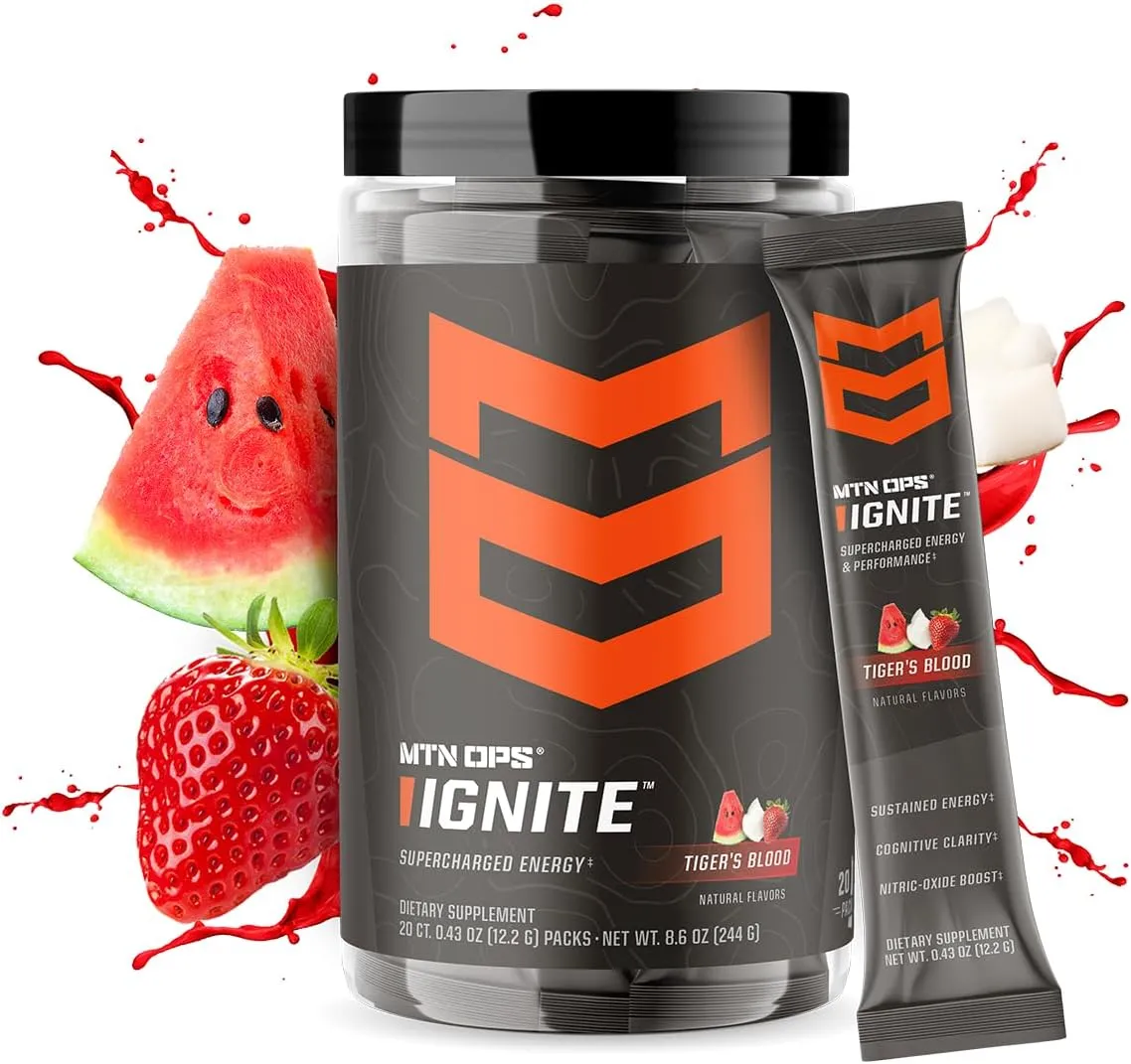 MTN OPS Ignite Trail Packs Supercharged Energy Drink Mix, Tiger's Blood, Tiger's Blood
