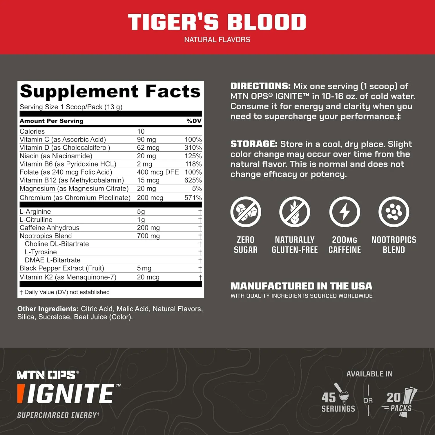 MTN OPS Ignite Trail Packs Supercharged Energy Drink Mix, Tiger's Blood, Tiger's Blood