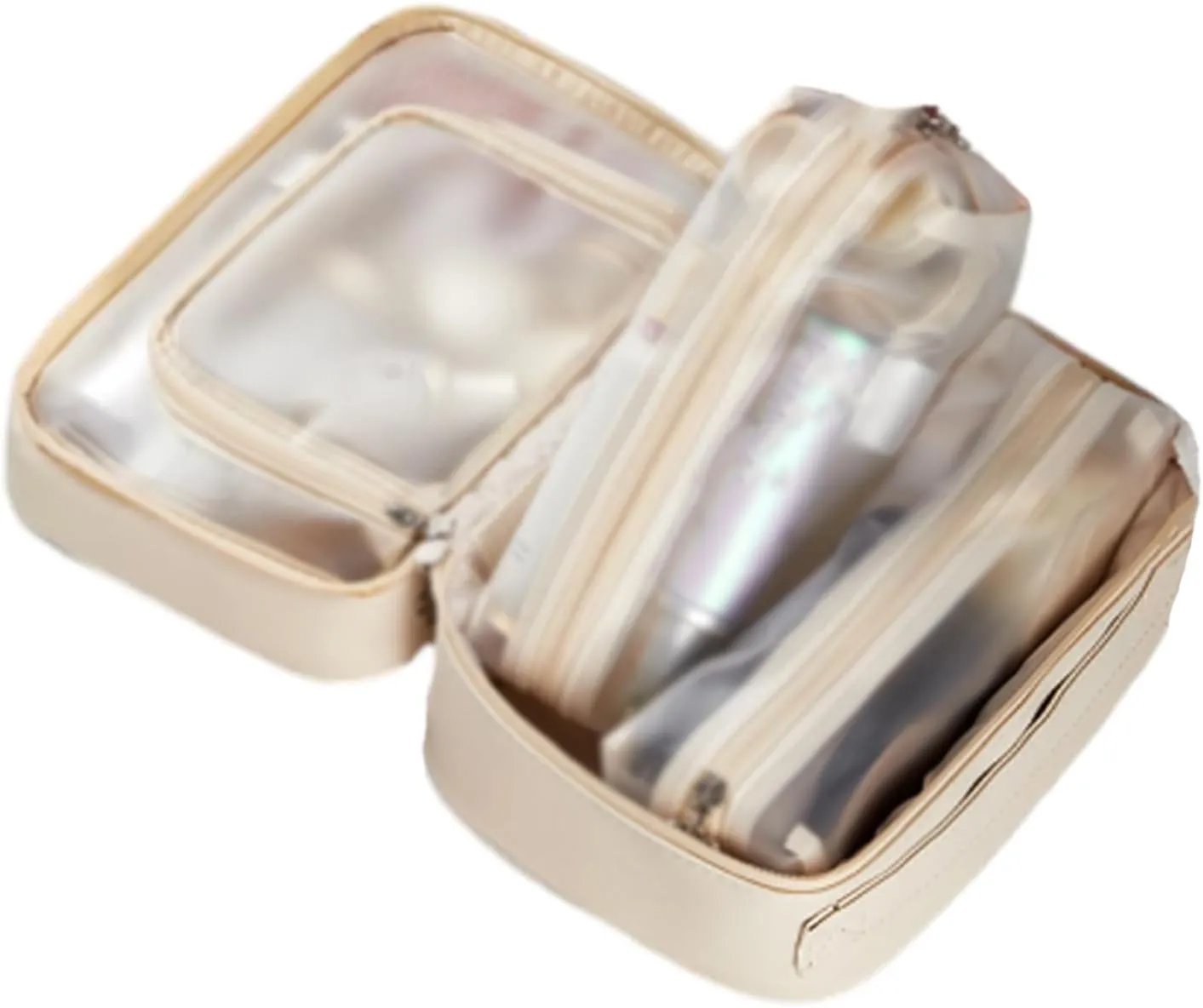 Multi Compartment Toiletry Bag, Large Cosmetics Bag, PU Leather (White)