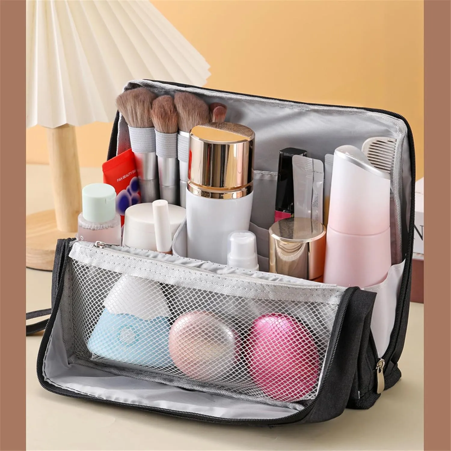 Multi-purpose Large Capacity Oxford Cloth Standing Makeup Bag, Waterproof Makeup Organizer Bag with Compartments, Portable Toiletry Bag for Makeup Brushes for Travel or Home Use (Grey)