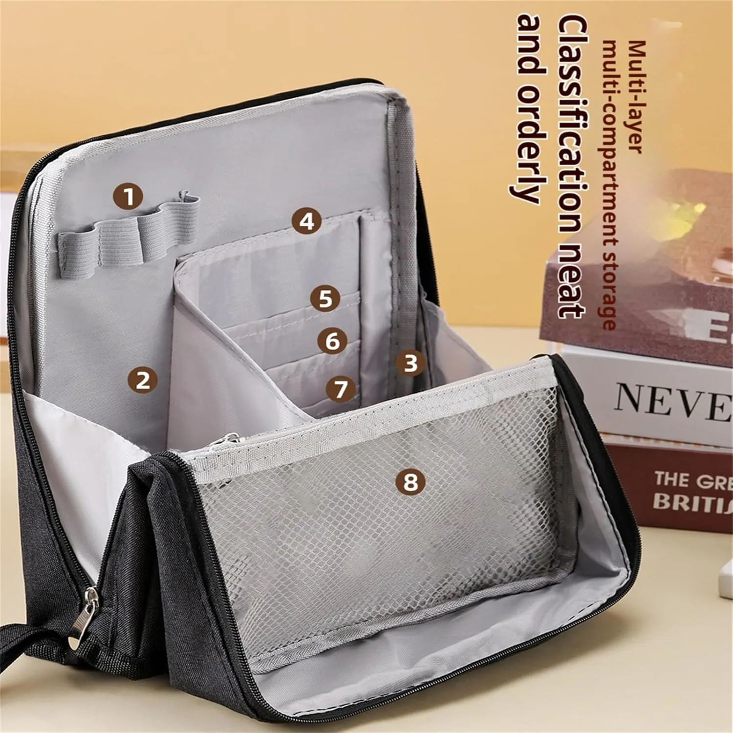 Multi-purpose Large Capacity Oxford Cloth Standing Makeup Bag, Waterproof Makeup Organizer Bag with Compartments, Portable Toiletry Bag for Makeup Brushes for Travel or Home Use (Grey)