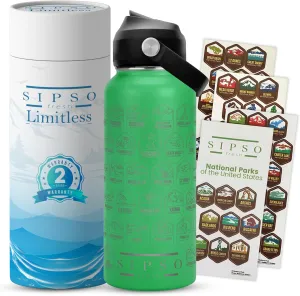 National Parks Water Bottle with Laser Engraved Logos, Waterproof Stickers, Outdoor Gift (Green)