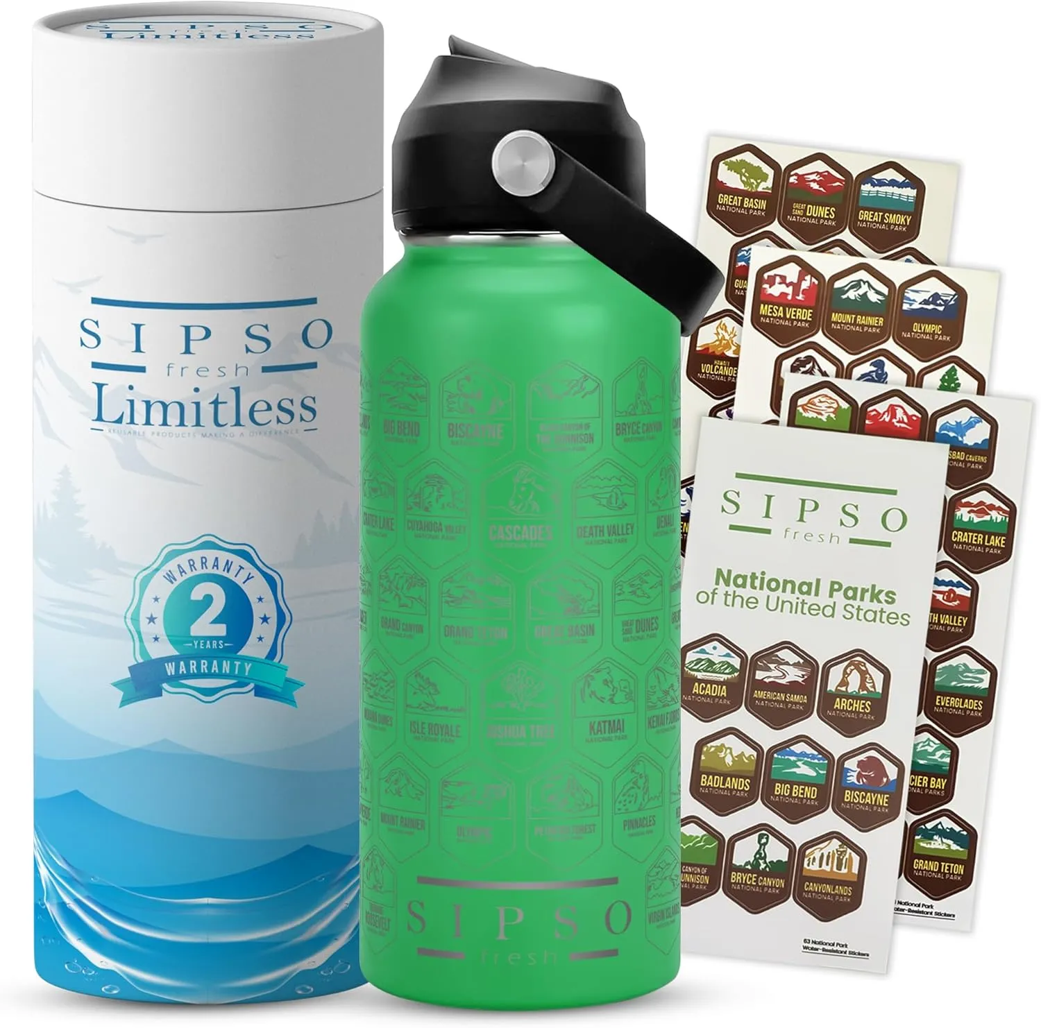 National Parks Water Bottle with Laser Engraved Logos, Waterproof Stickers, Outdoor Gift (Green)
