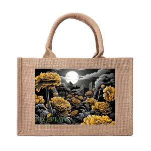 Natural Fiber Jute Tote Bag Chrysanthemum Moonlit
