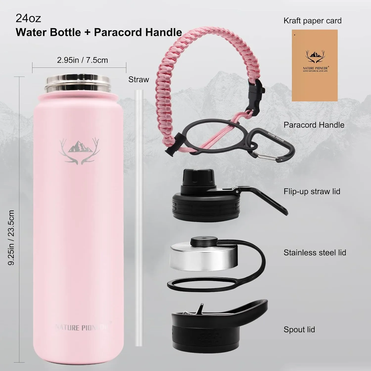 NATURE PIONEOR Insulated Water Bottles with Paracord Handle - 24 oz Vacuum Sports Wide Mouth Water Bottle with 3 Lids, Leak Proof Stainless Steel Keeps Hot and Cold