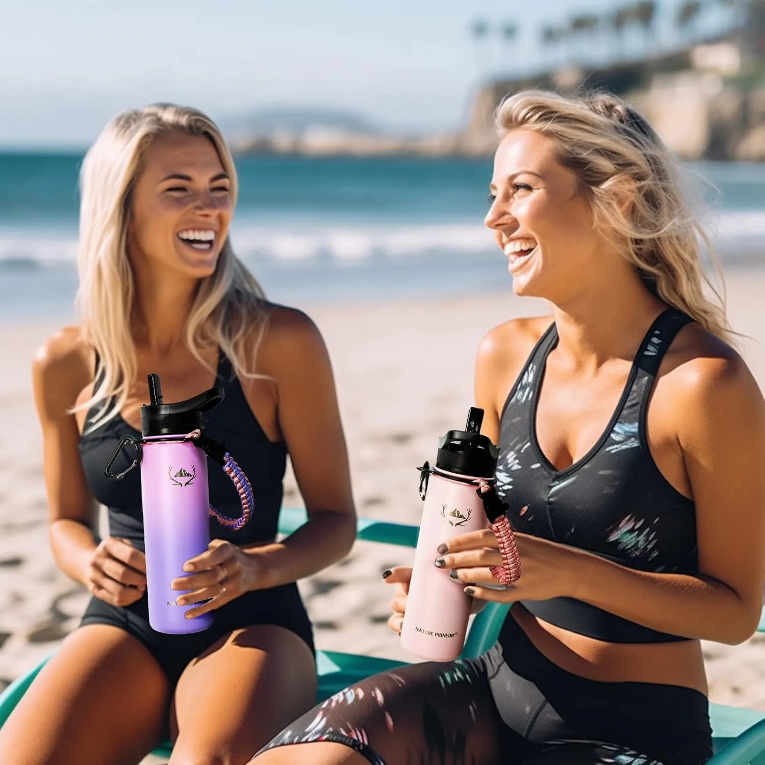 NATURE PIONEOR Insulated Water Bottles with Paracord Handle - 24 oz Vacuum Sports Wide Mouth Water Bottle with 3 Lids, Leak Proof Stainless Steel Keeps Hot and Cold