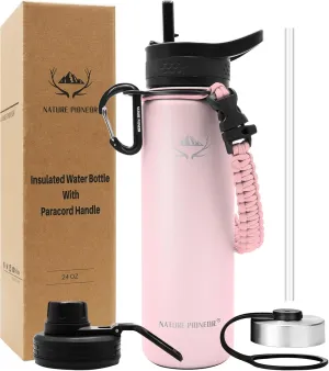 NATURE PIONEOR Insulated Water Bottles with Paracord Handle - 24 oz Vacuum Sports Wide Mouth Water Bottle with 3 Lids, Leak Proof Stainless Steel Keeps Hot and Cold