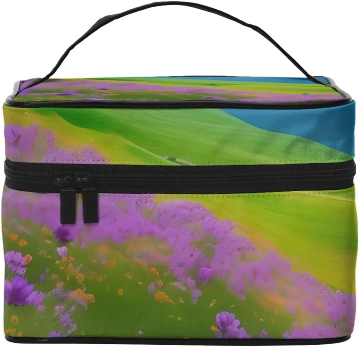 Nature Purple Flowers Meadow Mountain Scenic Print Portable Travel Makeup Case Versatile Zipper for Makeup Bag Large Capacity Polyeste